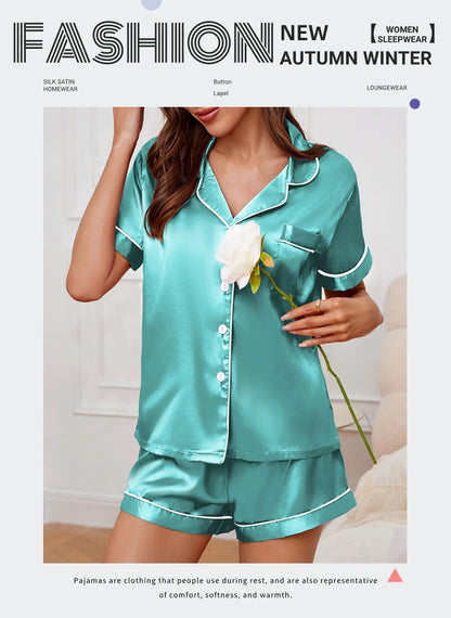 Luxurious Satin Pajama For Women Turn-down Collar Button Top & Shorts Sleepwear & Loungewear for Summer Home Clothes Suit