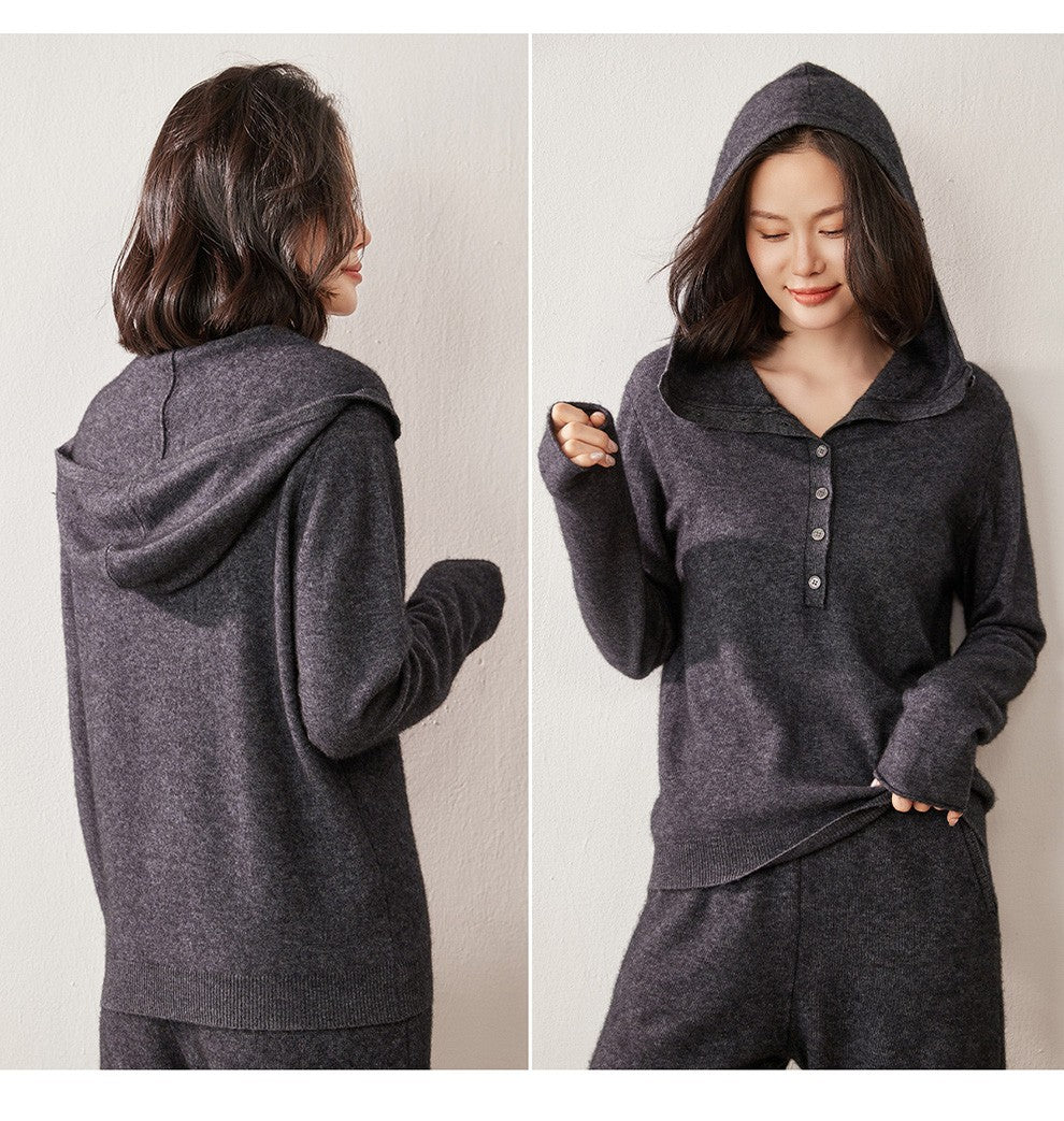 Autumn Winter New 100% Pure Cashmere Women Half Open Front Hoodie Set Knitted Two Piece Pullover Knitwear Wide Leg Pants
