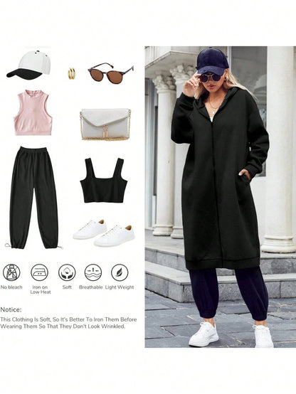 Fisoew lined Winter Coat Women Zip Up Hoodie Warm Long Tunic Sweatshirt With Pockets Outdoor Streetwear Jacket