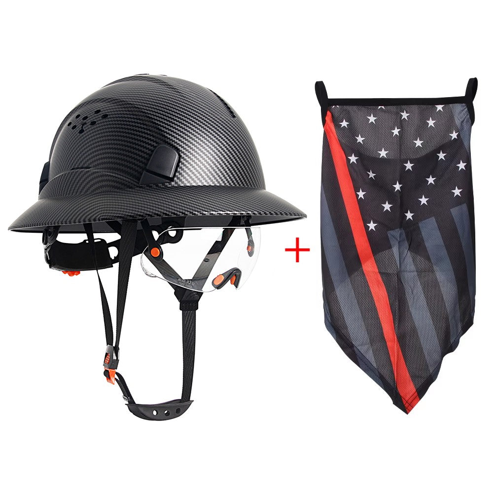 CE Carbon Fiber Full Brim Hard Hat w/ Built In Goggle Triangle Face Towel Construction Engineer  Safety Helmet ABS Safety Cap