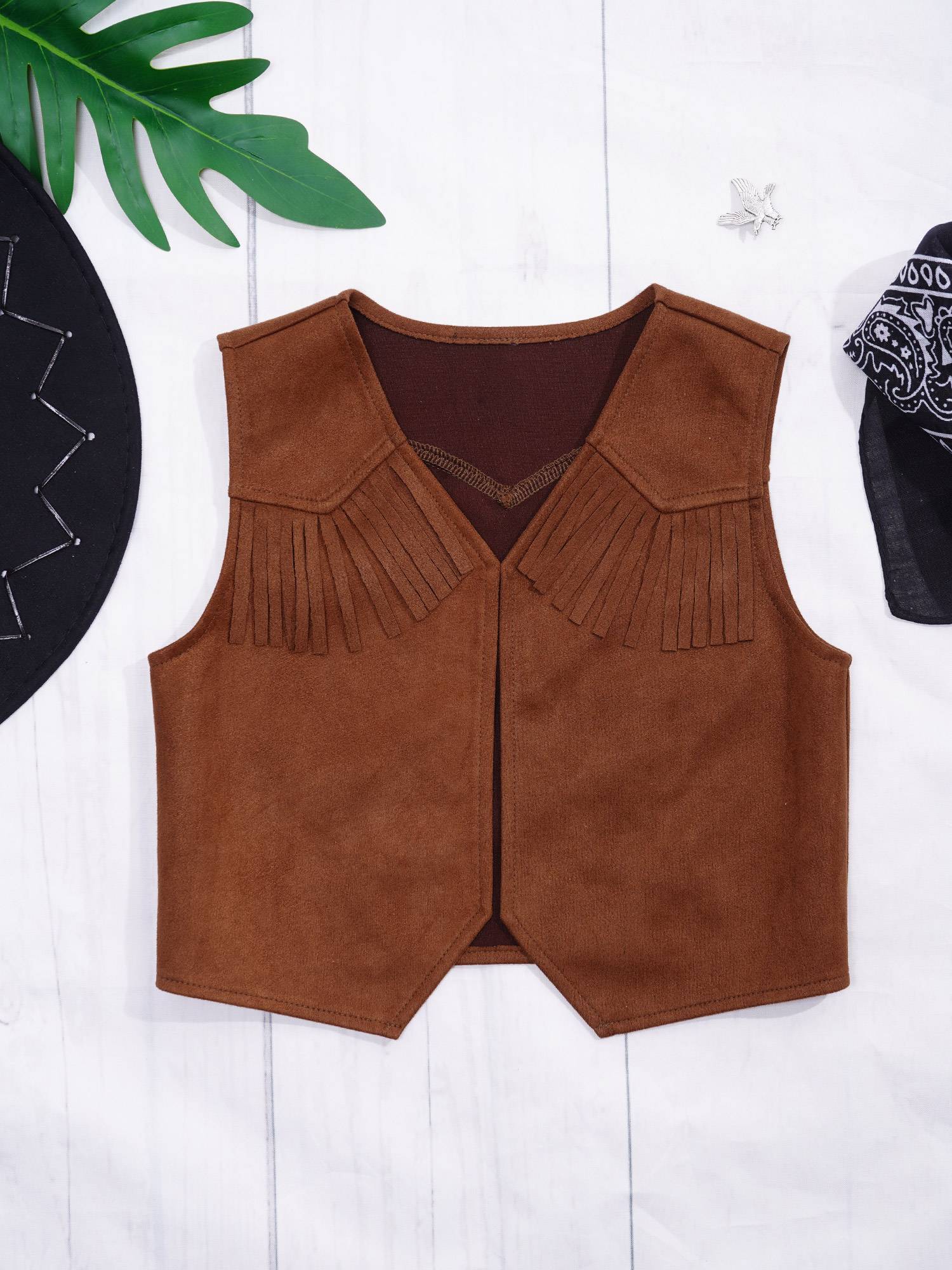Wild West Cosplay Cowboy Cowgirl Costume Halloween Dress Up Clothes New Fringe Sleeveless Vest with Bandanna Hat Set