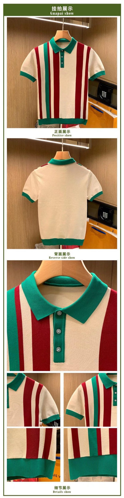 British Luxury Men's Fashion Slim Fit Knit Polo Shirt Casual Style Vertical Stripe Color Block Short Sleeves Sweater