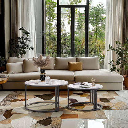 Nested Coffee Table: Set of 2 Modern Round Nesting Coffee Table Sintered Stone-top Stacking Sofa Accent Table for Living Room