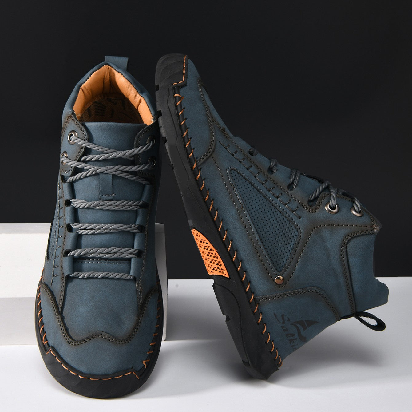 New Handmand Casual Leather Shoes Outdoor Men Boots Autumn Retro Breathable Casual Shoes Lace Up Blue Ankle Boots Winter Autumn