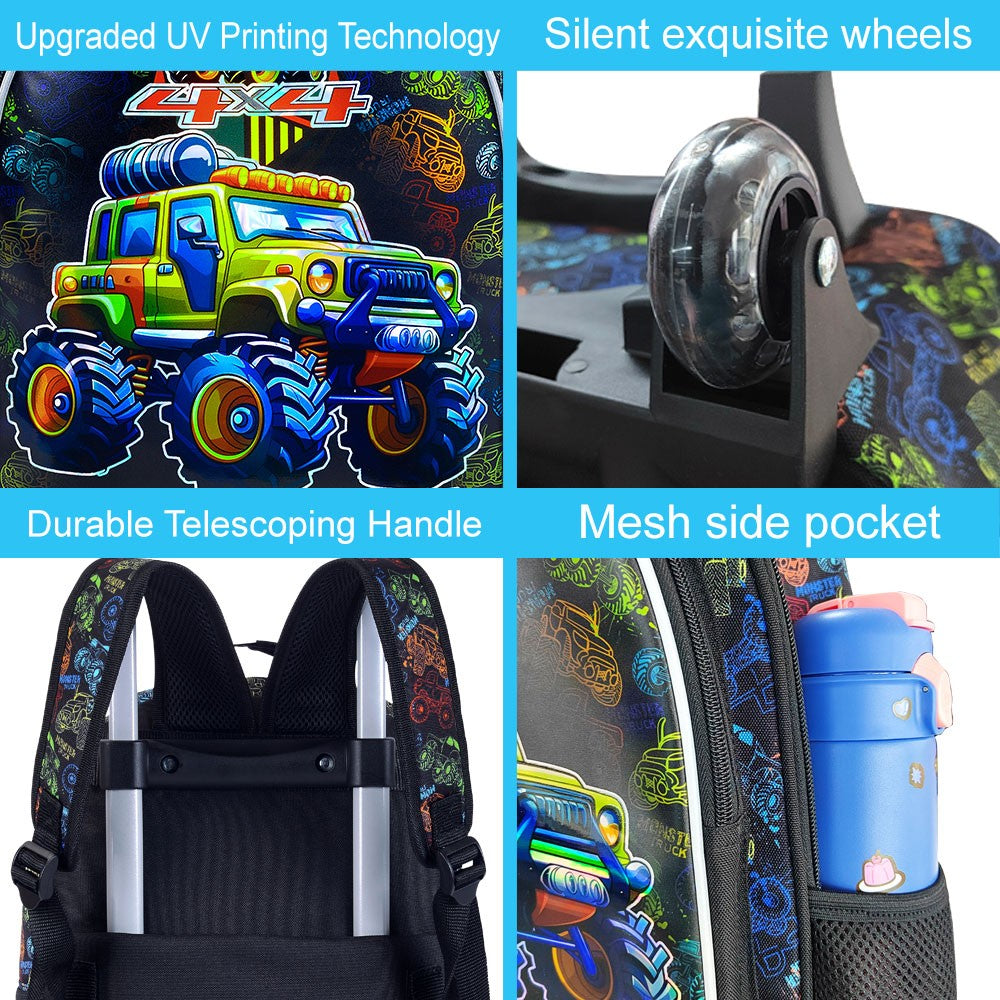 Mochila de Rodinhas 3 Peças para Meninas e Meninos, Mochila Escolar Infantil com Rodinhas, Bolsa Escolar Elementar com Rodas e Lancheira