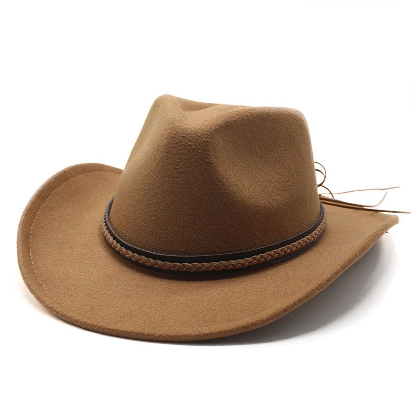 Winter Roll Up Brim Western Cowboy Hat With Leather Retro Gentleman Lady Jazz Cowgirl Cap Church Sombrero Caps