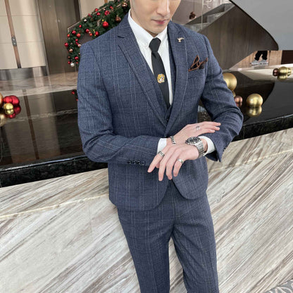 British Korean Style High Quality Modified Plaid Three-Piece Suit for Men - Stylish Business Casual Suit Vest And Trousers Set