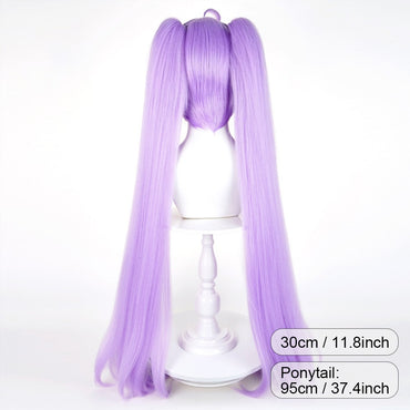 Purple Long Straight Synthetic Double Ponytail Clip Wig with Bangs Anime Game Cosplay Fluffy Wig for Daily Party