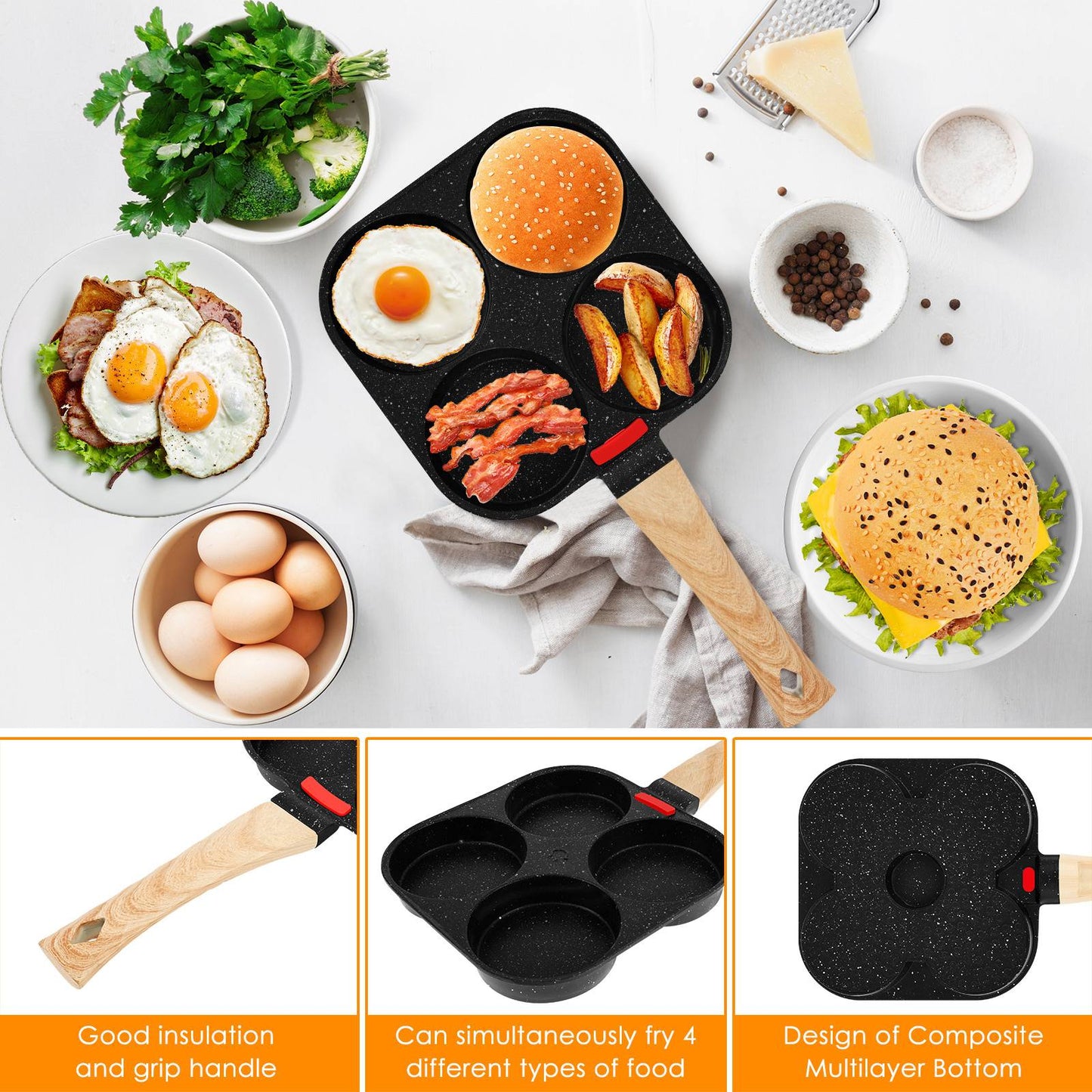 Frigideira Antiaderente para Fritar Ovos 4 Copos com Pincel de Óleo e Tampa, Frigideira de Omelete e Panqueca para Fogão a Gás e Indução