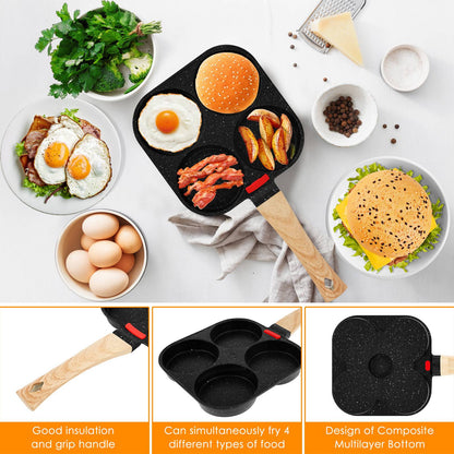 Frigideira Antiaderente para Fritar Ovos 4 Copos com Pincel de Óleo e Tampa, Frigideira de Omelete e Panqueca para Fogão a Gás e Indução
