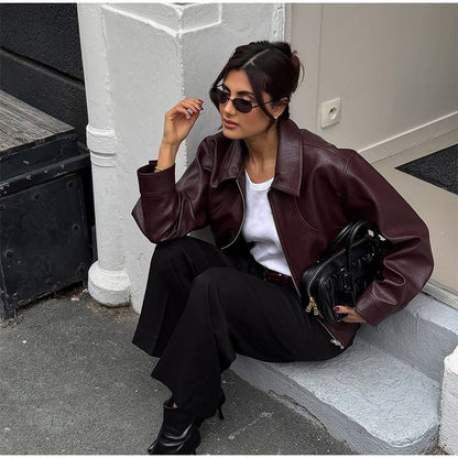 Full Sleeve Cropped Women Casual Slim Thin Motorcycle Coat Chic Zipper Lapel Wine Red Leather Jacket Lady New Highstreet Outwear