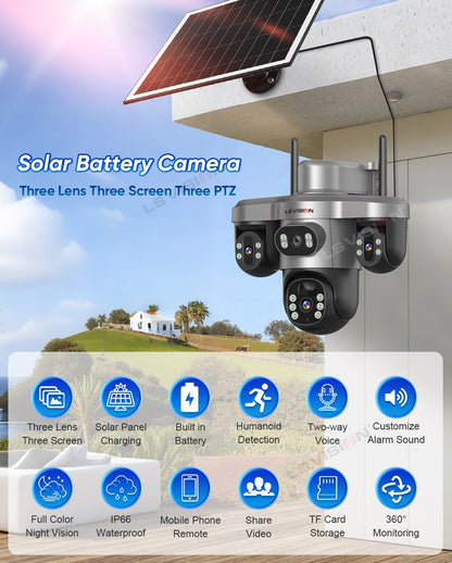 LS VISION Multiple Lens 3 Screen Wifi Outdoor Security Solar  Camera Panoramic Monitor Mobile   Siren Alarm Solar CCTV Camera
