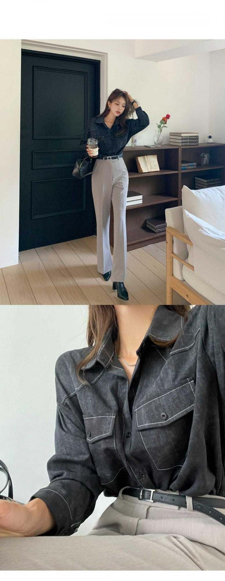 Loose Long Sleeve Casual Denim Shirt Korean Style Loose Fit Shoulder Casual Shirt Pure Color Shirt City Style Commute Shirt