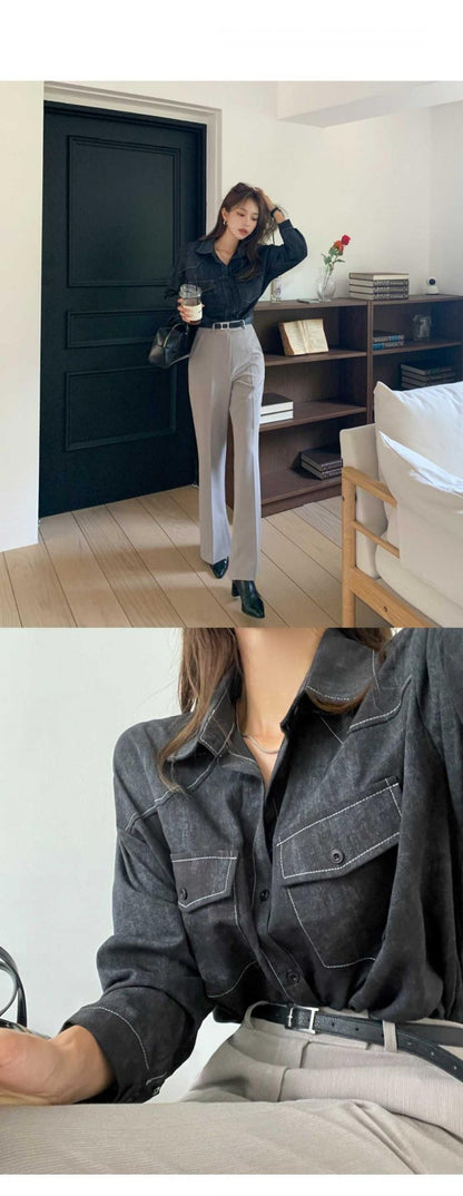 Loose Long Sleeve Casual Denim Shirt Korean Style Loose Fit Shoulder Casual Shirt Pure Color Shirt City Style Commute Shirt