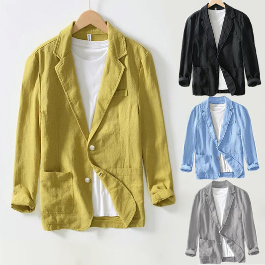 Stylish Retro Linen Blazer for Men Casual Business Formal Wear, Youthful and Loose Suit Jacket -70% Linen, 30% Cotton -8 Colors