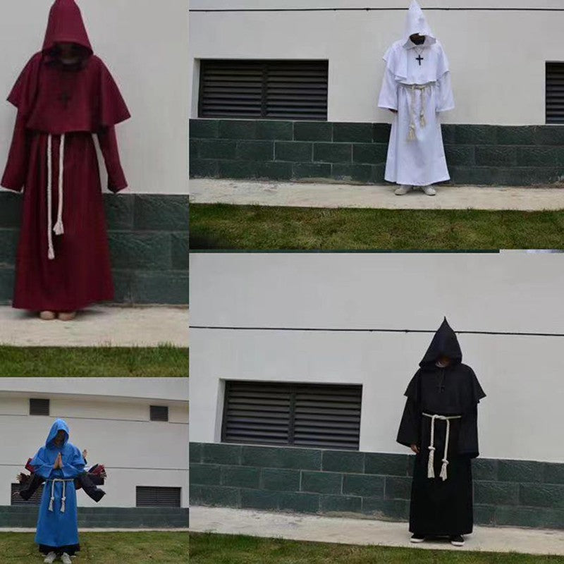 Halloween Wizard Cosplay Medieval Monk Hooded Robe Costume Mask Hat For Men Steampunk Priest Horror Masquerade Unisex Cloak Cape
