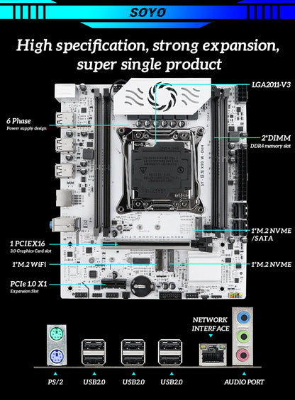 Kit de placa-mãe SOYO X99 Gaming com CPU Xeon E5 2650 V3 e memória DDR4 16G*1 2133MHz NVME PCIE3.0 SATA para computador de mesa