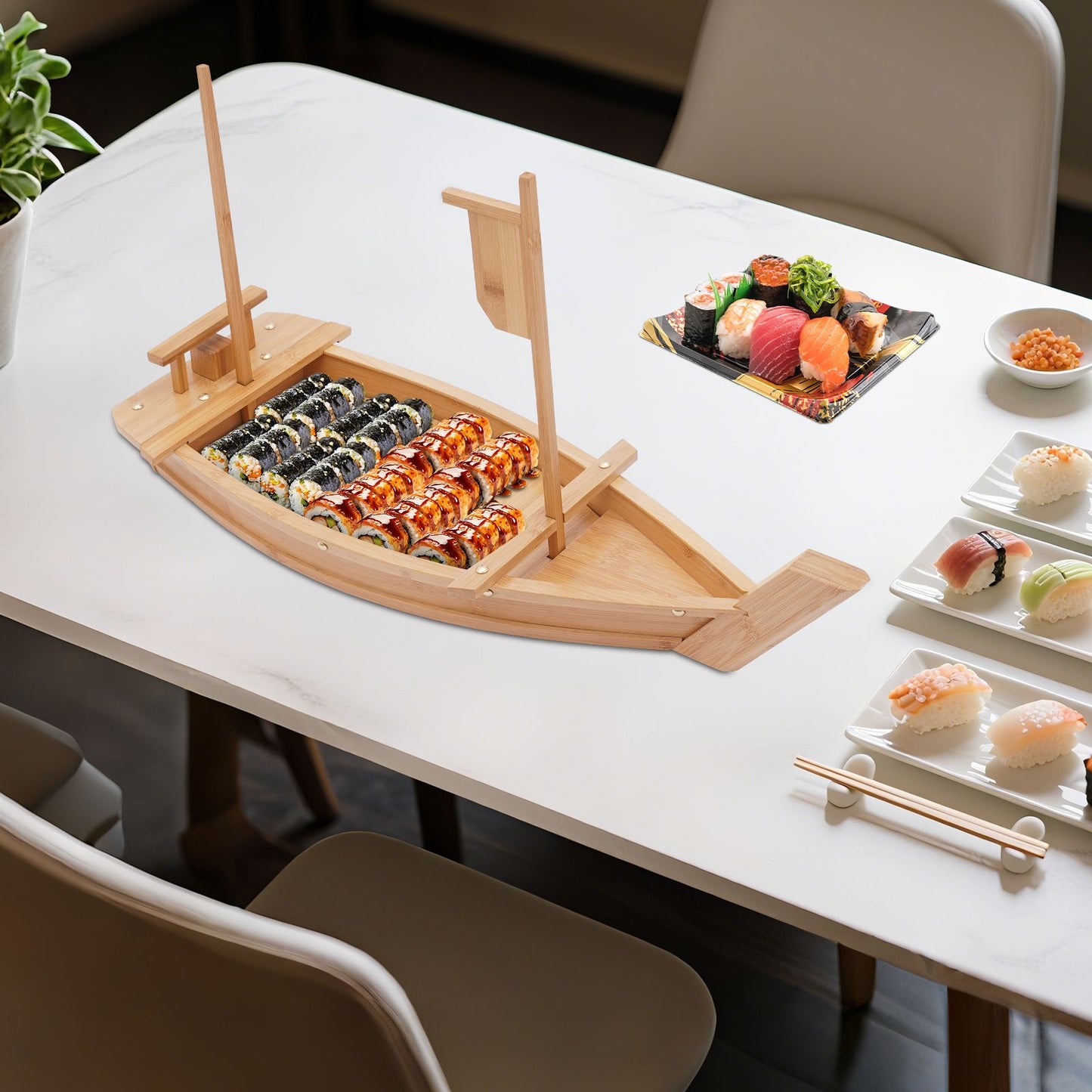 Bandeja Para Servir Sushi em Formato de Barco Compatível com Gelo Seco Design Destacável Rebites de Metal Cantos Arredondados Ideal Para Festas