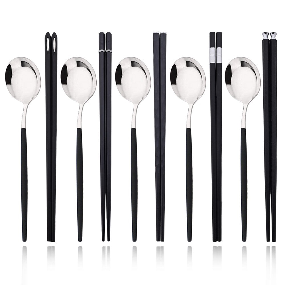 Conjunto de Talheres Portátil para Viagem Preto e Prata com 10 Peças, Hashis Colher de Aço Inoxidável, Conjunto de Utensílios de Mesa Coreano de Luxo