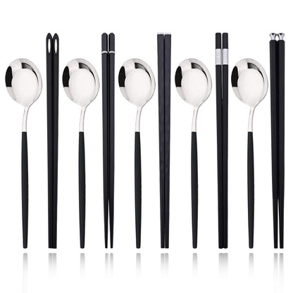 Conjunto de Talheres Portátil para Viagem Preto e Prata com 10 Peças, Hashis Colher de Aço Inoxidável, Conjunto de Utensílios de Mesa Coreano de Luxo