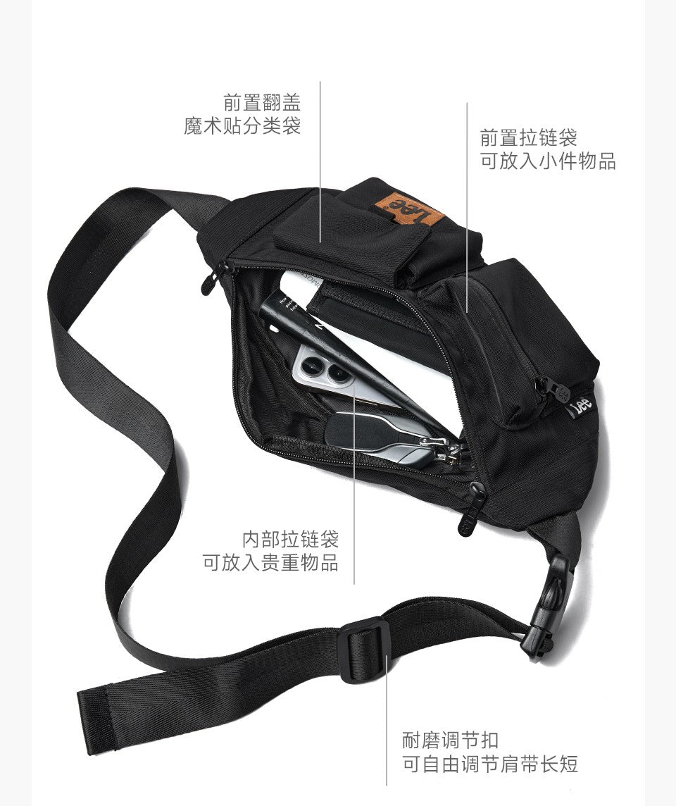 LEE Original Black Fashion Fanny Pack Women Men Korea Style Waterproof Nylon Crossbody Chest Bag Sport Phone Shoulder Waist Bag