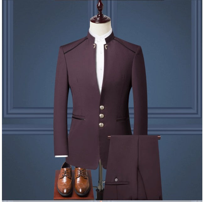 (Jacket+Pants) Men Fashion Simple Wedding Suit Black / Blue / Wine Red 2025 Homme Stand up Collar Business Social Dress 2Piece