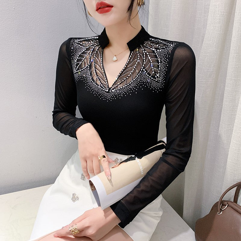 2025 European Station Long Sleeve Women Tees Autumn Winter New Stand collar Hot Diamond T Shirt Fashion Slim Mesh Tops