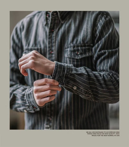 Amekaji Cargo Shirts Men's Vintage Vertical Stripe Denim Jackets Washed Distressed Pocket Trim Casual Coats Spring Autumn Shirts