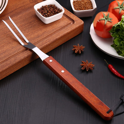 Stainless Steel Bbq Skewers 12 Inch With Wood Handle For Grilling Roasting Kebab Meat Fork Portable Barbecue Tools Set
