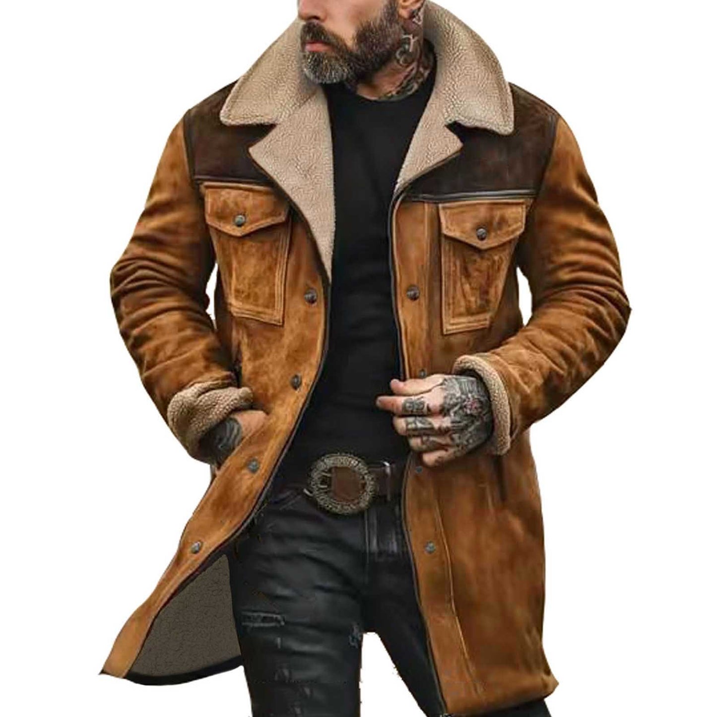 Autumn Winter Men Jacket Lapel Single-Breasted Mid-Length Coat Windproof Jacket Suede Multi Pockets Outerwear Men Clothing