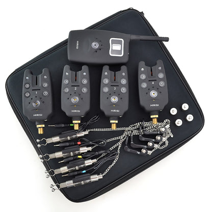 Alarme de picada de pesca sem fio conjunto 1+4 com 4 indicadores de picada luminosos em estojo EVA para pesca de carpas B1203S