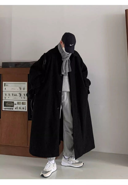 Mauroicardi Autumn Winter Long Warm Grey Black Slouchy Woolen Coat Men Single Breasted Loose Casual Wool Blends Overcoat 2023