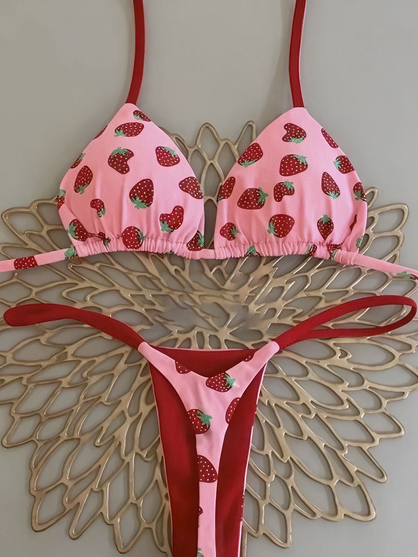 Sexy Cherry Print Triangle Brazilian Bikini Push Up Swimsuit 2 Piece String Bandage Bikinis Swimwear Women Thong Bathing Suit