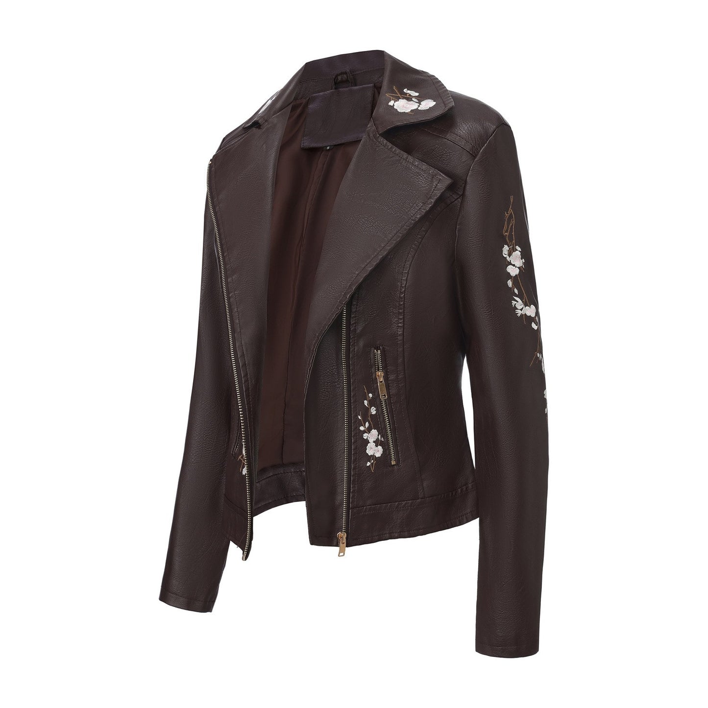 New Fall Women's Black Embroidered PU Jacket, Street-Style Brown Faux Leather Coat, Fashionable Beige Long Sleeves Top.
