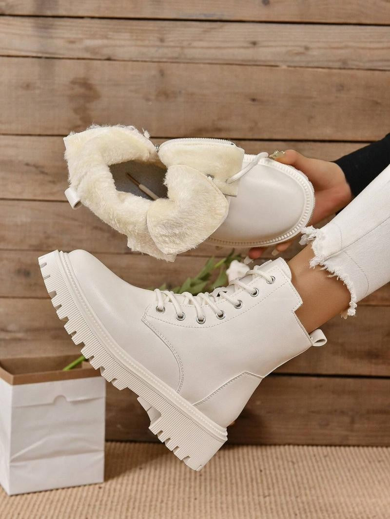 Thick Warm Long Plush Ankle Boots for Women Winter 2024 Lace Up Pu Leather Motorcycle Boots Woman Plus Size Short Booties Shoes