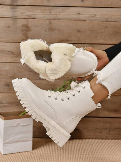 Thick Warm Long Plush Ankle Boots for Women Winter 2024 Lace Up Pu Leather Motorcycle Boots Woman Plus Size Short Booties Shoes