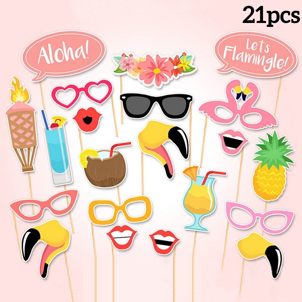 30Pcs Aloha Hawaiian Luau Photo Booth Props Tropical Tiki Aloha Summer Beach Pool Party Decorations Handheld Photography Props