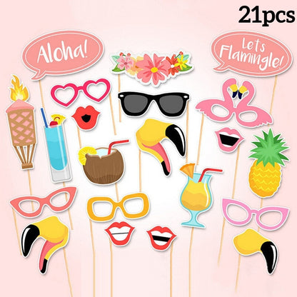 30Pcs Aloha Hawaiian Luau Photo Booth Props Tropical Tiki Aloha Summer Beach Pool Party Decorations Handheld Photography Props