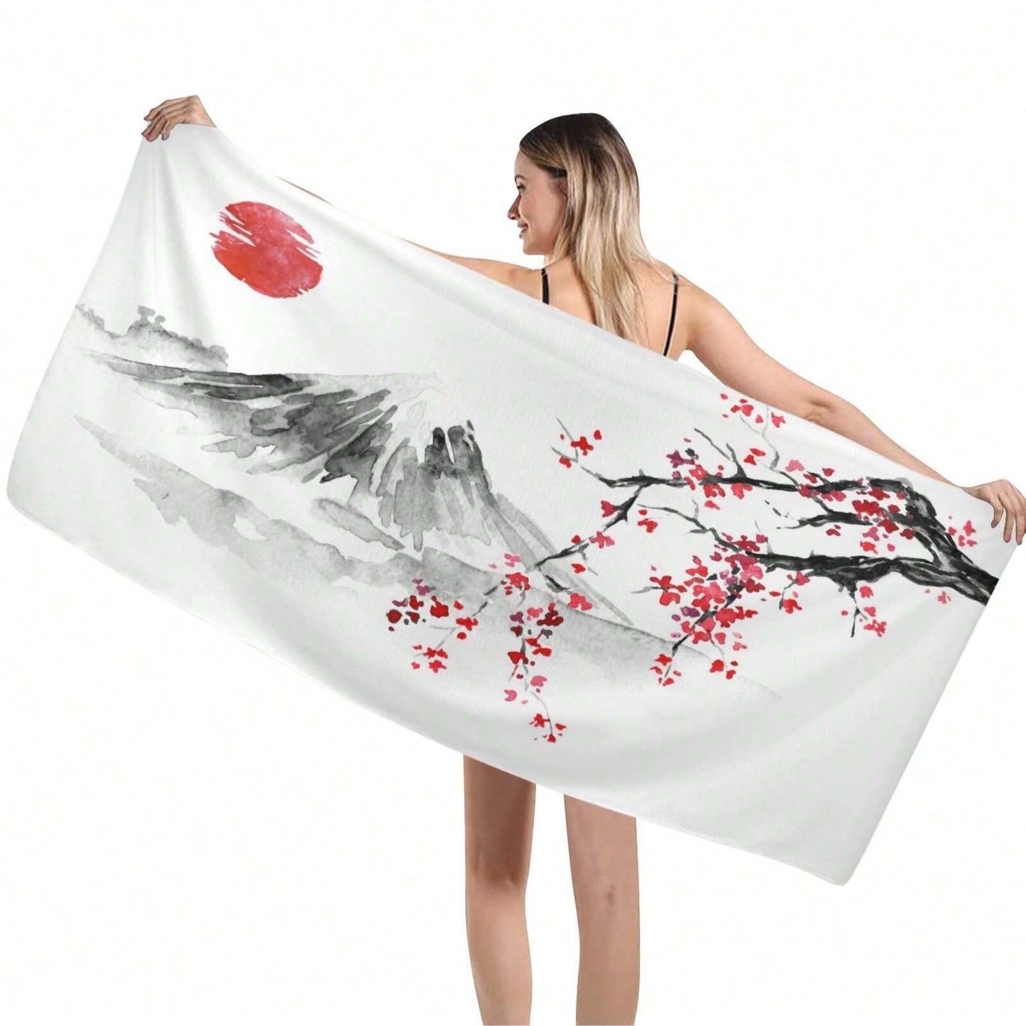 Japanese Sakura Sun And Mountain Beach Towel Microfiber Beach Towels, Oversized Lightweight Quick Dry Sand Proof, Absorbent