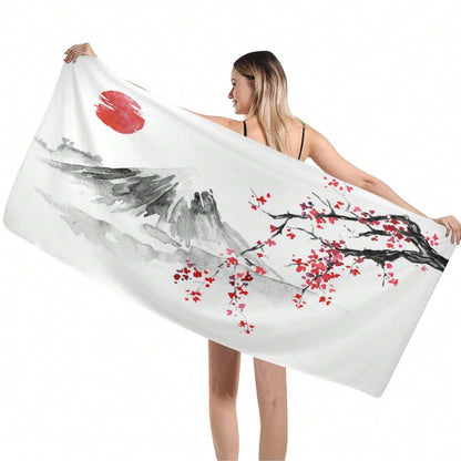 Japanese Sakura Sun And Mountain Beach Towel Microfiber Beach Towels, Oversized Lightweight Quick Dry Sand Proof, Absorbent