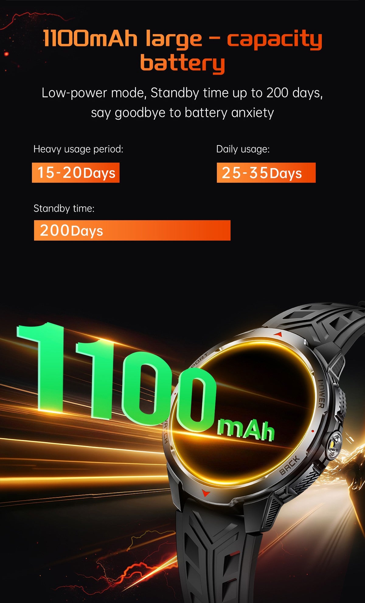 LIGE Novo Smartwatch Masculino com Bateria de 1100mAh para Esportes ao Ar Livre, Lanterna LED, Bússola, Chamada Bluetooth