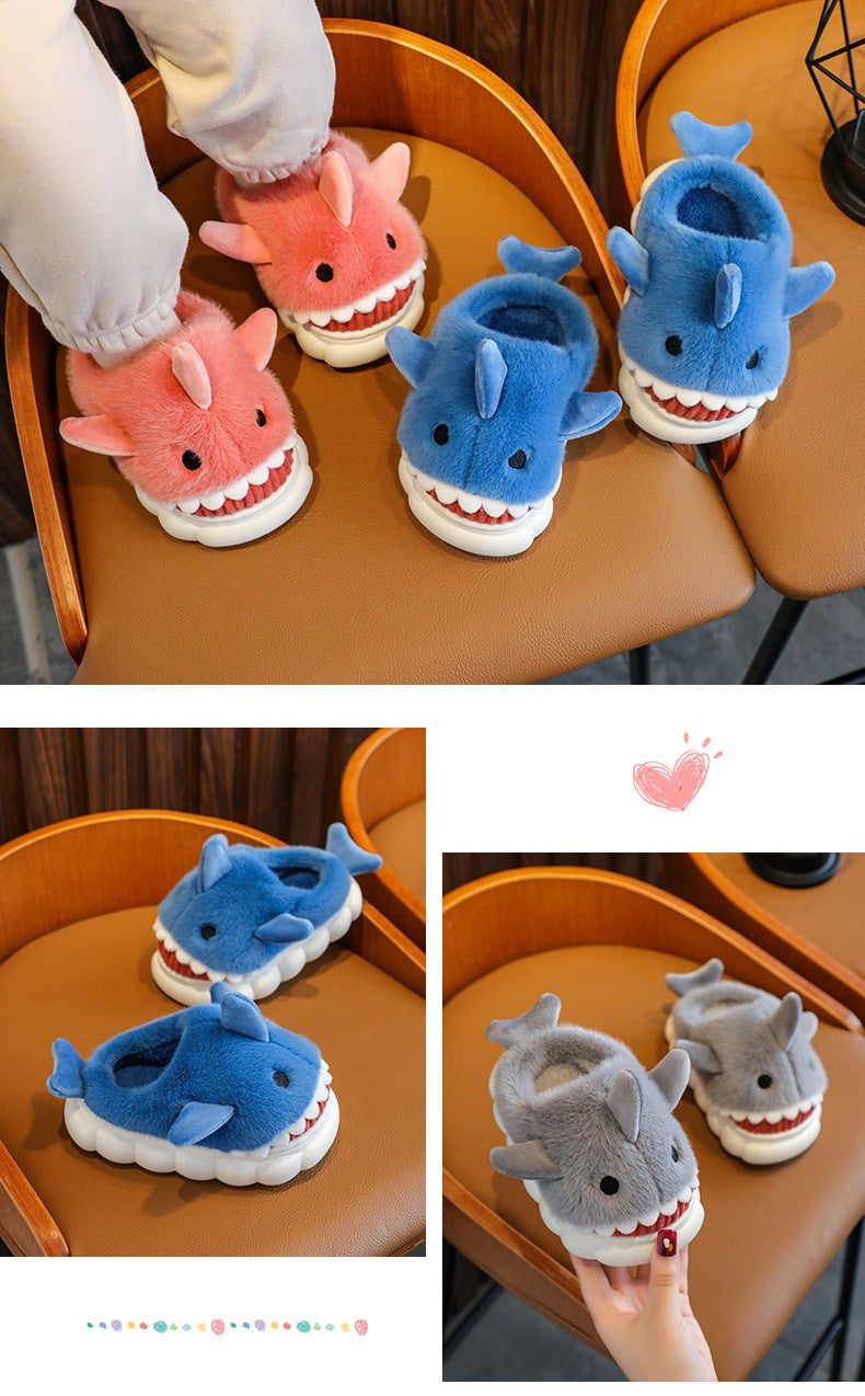 Winter Heel Wrap Cotton Children's Slippers Cute Cartoon Shark Non-slip Soft Sole Kids Boys Girls Junior Warm Plush Home Shoes