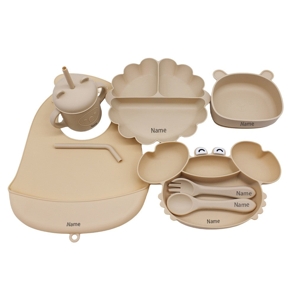 Free Name Printing Children's Tableware Set: Bib, Plate, Cup, Fork & Spoon. Silicone Material. Personalized Gift.