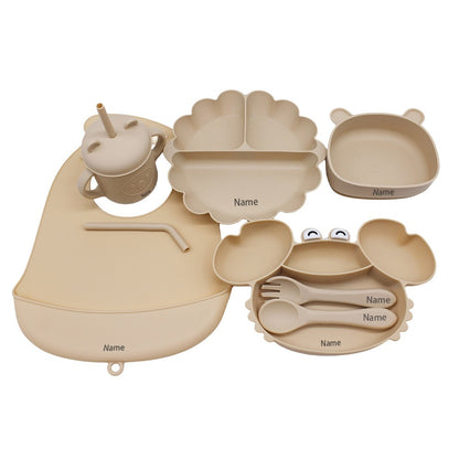 Free Name Printing Children's Tableware Set: Bib, Plate, Cup, Fork & Spoon. Silicone Material. Personalized Gift.