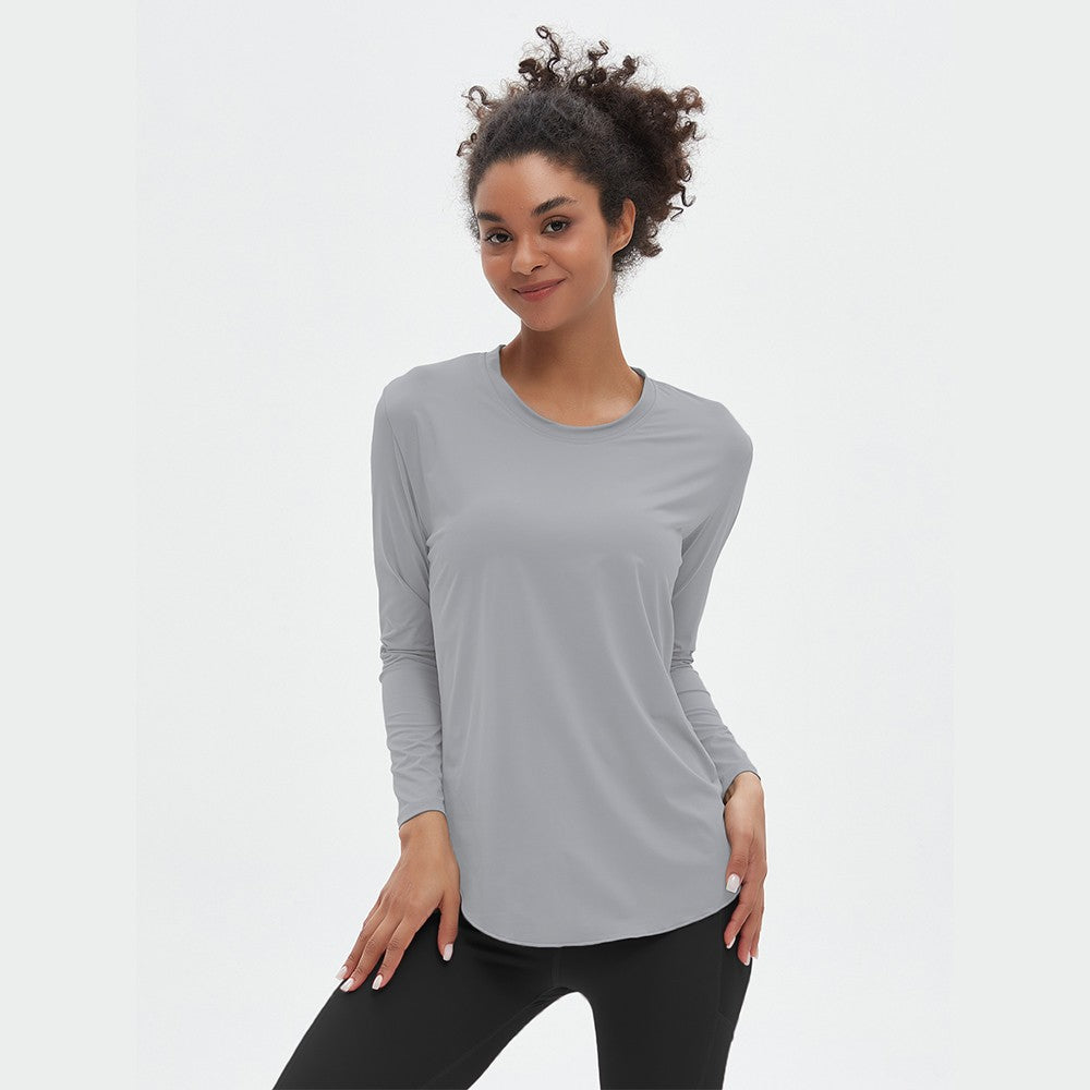 Quick drying Ice Silk Yoga Hoodie Round Neck Loose Breathable Coat Versatile Sports Long Sleeve T-shirt