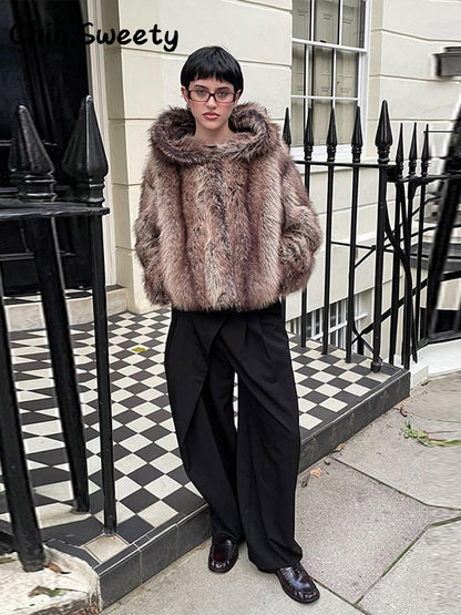 Warm Women's Hooded Faux Fur Cropped Coats Loose V-neck Full Sleeve Thicken Jacket Female 2025 Autumn Winter Lady Luxury Outwear