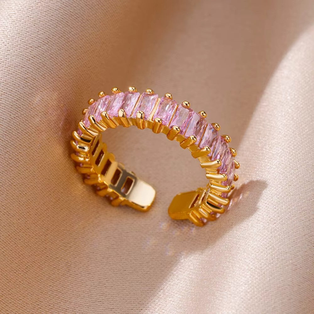 Anéis de Luxo em Aço Inoxidável Banhado a Ouro Pedra Colorida Zircônia Cristal Coração Anel Feminino Casamento Joias Boho Presente de Natal