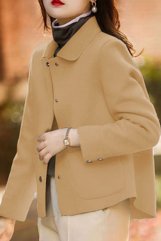 Fashionable minimalist coat for women with a single-breasted collar and high-quality short woolen coat, casual solid color long-