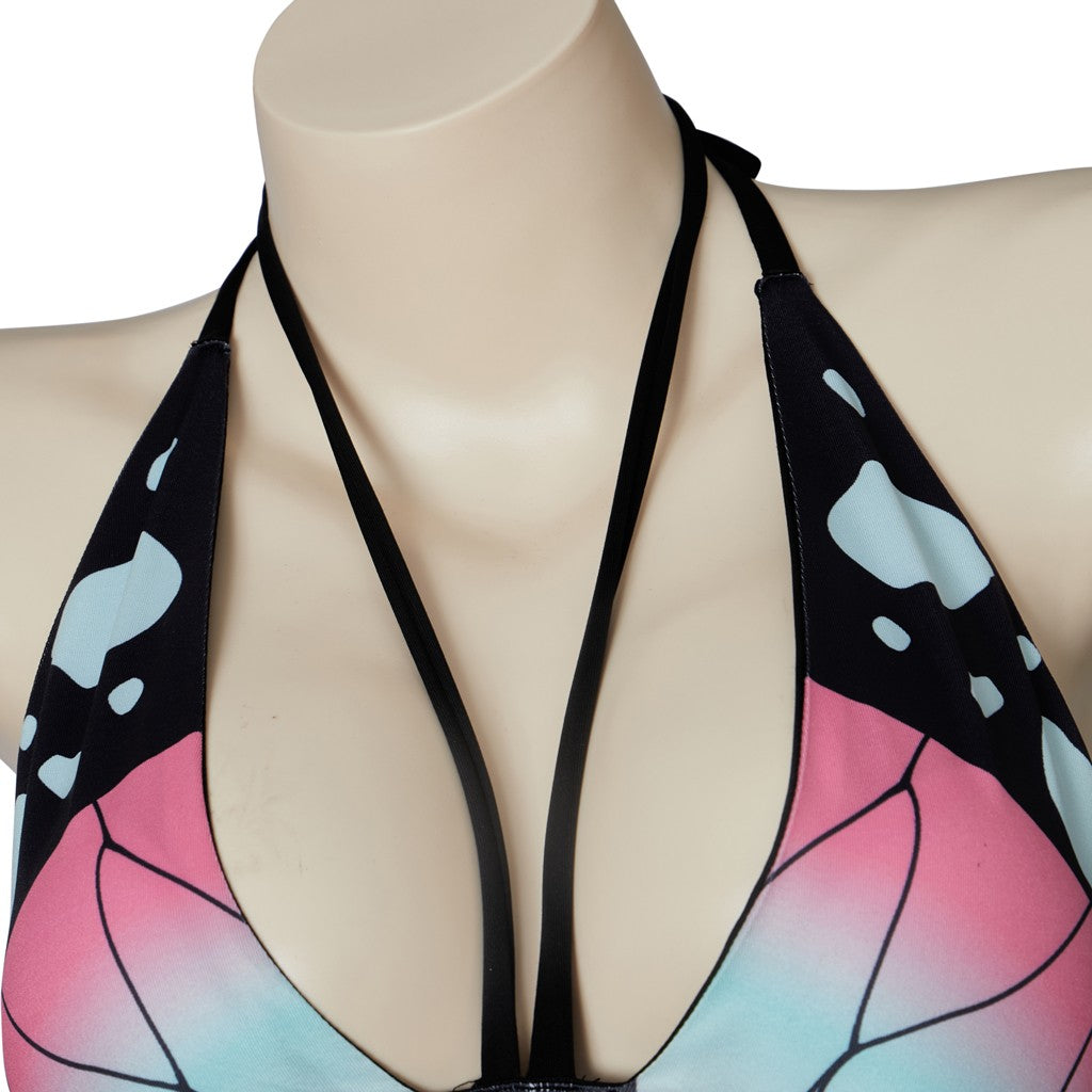 Kochou Shinobu Cosplay Costume Bustier Top Sexy Halter Neck Bikini Underwear Bathing Suit Swimsuit Halloween Beach Swimwear