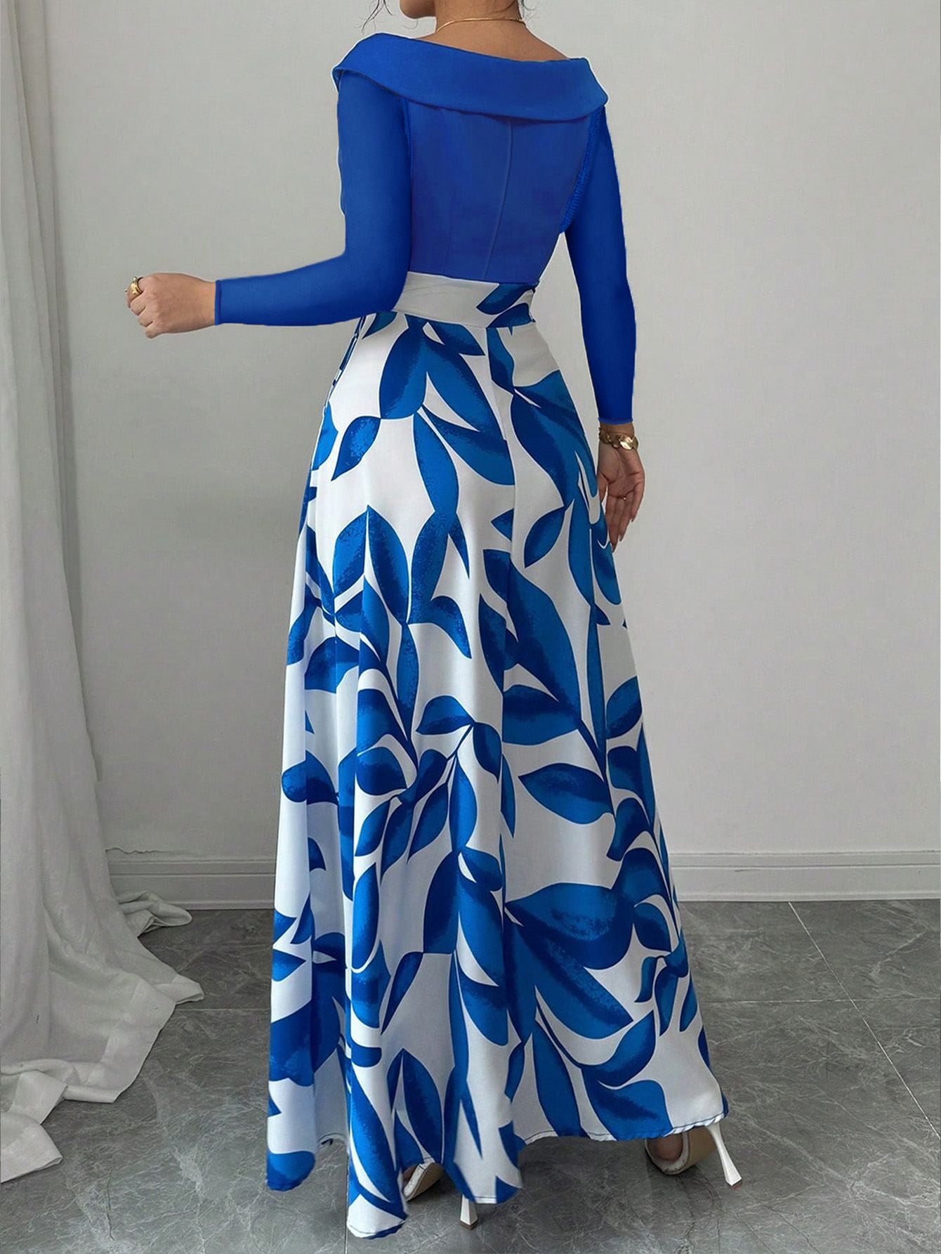 Women's Blue White Floral Maxi Dress Asymmetric Neckline Color Block Design Ideal for Evening Events Garden Parties Elegant Styl
